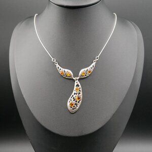 Artist Made Sterling Silver and Amber Cabochon Y-Drop Necklace 17" - 19"